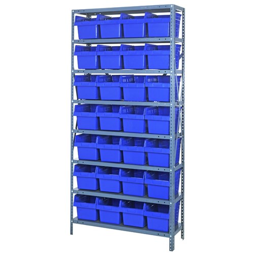 Quantum 1875-SB808BL - 8 Shelf Heavy-Duty Shelving Unit w/(28) Blue Bins - 18" x 36" x 75"