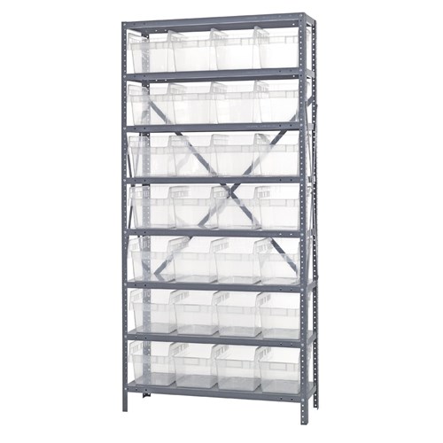 Quantum 1875-SB808CL - 8 Shelf Heavy-Duty Shelving Unit w/(28) Clear Bins - 18" x 36" x 75"