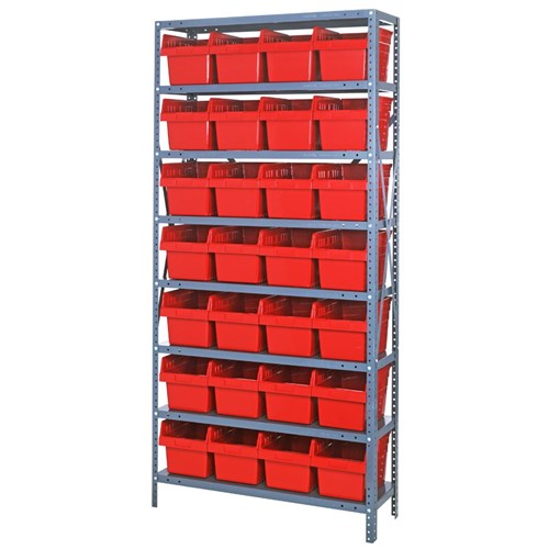 Quantum 1875-SB808RD - 8 Shelf Heavy-Duty Shelving Unit w/(28) Red Bins - 18" x 36" x 75"