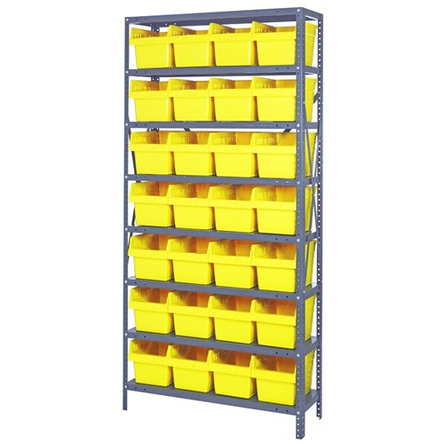 Quantum 1875-SB808YL - 8 Shelf Heavy-Duty Shelving Unit w/(28) Yellow Bins - 18" x 36" x 75"