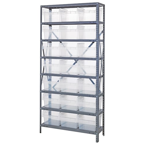 Quantum 1875-SB810CL - 8 Shelf Heavy-Duty Shelving Unit w/(21) Clear Bins - 18" x 36" x 75"