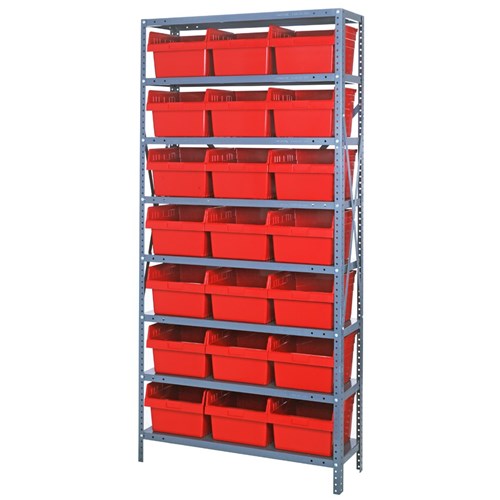 Quantum 1875-SB810RD - 8 Shelf Heavy-Duty Shelving Unit w/(21) Red Bins - 18" x 36" x 75"