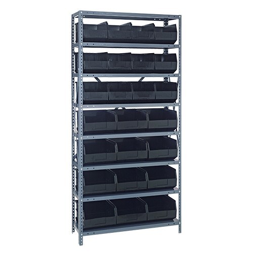 Quantum 2475-483485BK - 8 Shelf Heavy-Duty Shelving Unit w/(24) Black Bins - 24" x 36" x 75"