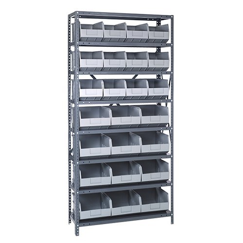 Quantum 2475-483485GY - 8 Shelf Heavy-Duty Shelving Unit w/(24) Gray Bins - 24" x 36" x 75"