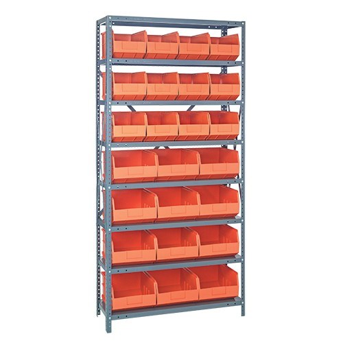 Quantum 2475-483485OR - 8 Shelf Heavy-Duty Shelving Unit w/(24) Orange Bins - 24" x 36" x 75"