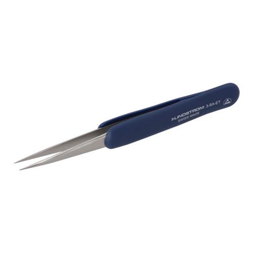 Lindstrom 3-SA-ET Stainless Steel Tweezers - Anti-Acid Anti-Magnetic Body w/ ESD Safe Handles and Straight - Fine - Pointed Tips - 4.92" (125 mm)