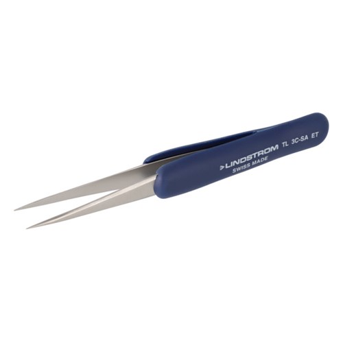 Lindstrom 3C-SA-ET Stainless Steel Tweezers - Anti-Acid Anti-Magnetic Body w/ ESD Safe Handles and Straight - Fine - Pointed Tips - 4.33" (110 mm)