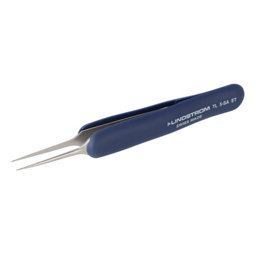 Lindstrom 5-SA-ET Stainless Steel Tweezers - Anti-Acid Anti-Magnetic Body w/ ESD Safe Handles and Straight - Fine - Sharp Tips - 4.33" (110 mm)