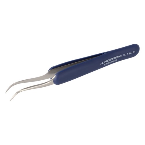 Lindstrom 7-SA-ET Stainless Steel Tweezers - Anti-Acid Anti-Magnetic Body w/ ESD Safe Handles and Very Fine - Curved Tips - 4.72" (120 mm)