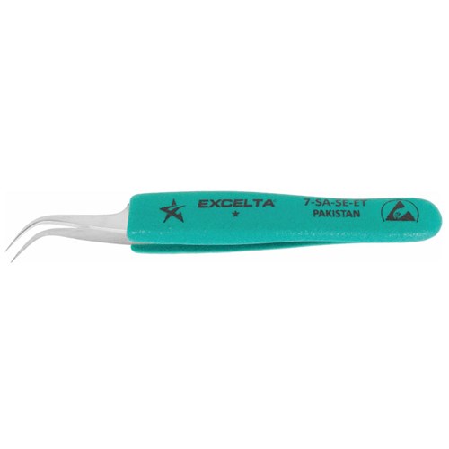 Excelta 7-SA-SE-ET - Anti-Magnetic Stainless Steel Ergonomic Tweezers - Curved Very Fine Point - 5" (125mm)