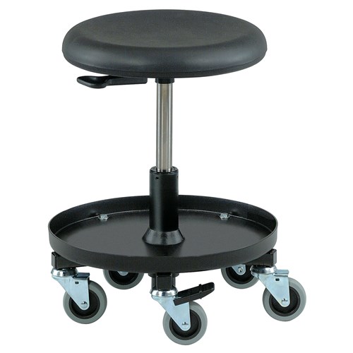 Bevco 3057-BK - 3000 Series Backless Maintenance/Repair Stool - Polyurethane - 15.5"-20.5" - 3" Casters - 16" Dia. Plastic Storage Tray - Black