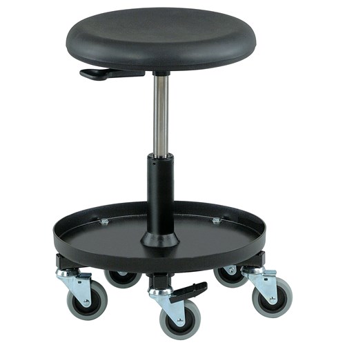 Bevco 3357-BK - 3000 Series Backless Maintenance/Repair Stool - Polyurethane - 20"-27" - 3" Casters - 16" Dia. Plastic Storage Tray - Black