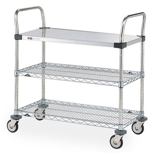 InterMetro Industries (Metro) MW401 - MW Series Standard-Duty Utility Cart - 1 Stainless Steel Solid Shelf & 2 Chrome Wire Shelves - 18" x 24"