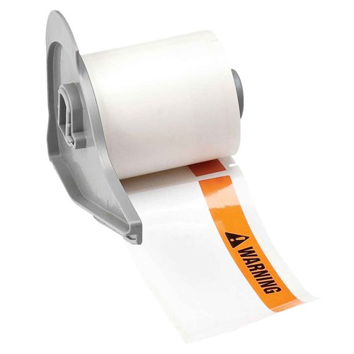 Brady M7-38-483-WARNING Ultra Aggressive Polyester Warning Labels - 1.9" H x 4" W - BK Orange onWhite - 100/RL