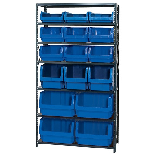 Quantum Storage Systems MSU-16-MIX BL - Magnum Series Steel Shelving w/16 Bins - 18" x 42" x 75" - Blue