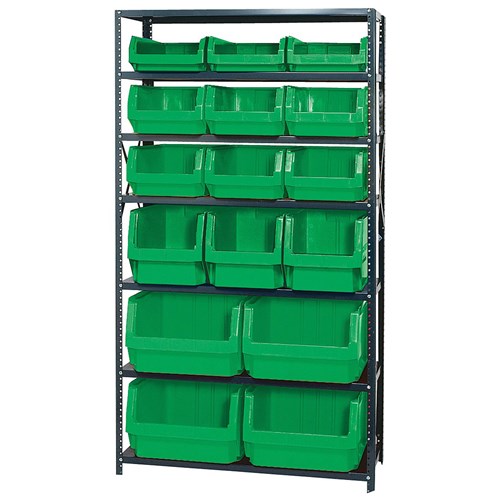 Quantum Storage Systems MSU-16-MIX GR - Magnum Series Steel Shelving w/16 Bins - 18" x 42" x 75" - Green