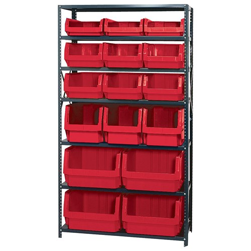 Quantum Storage Systems MSU-16-MIX RD - Magnum Series Steel Shelving w/16 Bins - 18" x 42" x 75" - Red