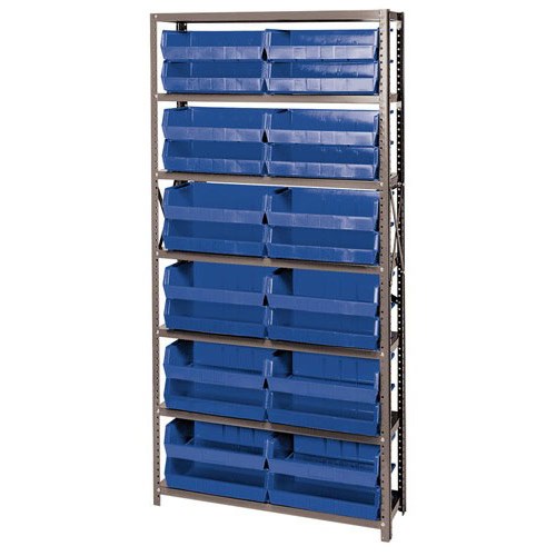 Quantum Storage Systems QSBU-245 BL - Stack & Hang Series Giant Open Hopper Steel Shelving w/24 Bins - 12" x 36" x 75" - Blue