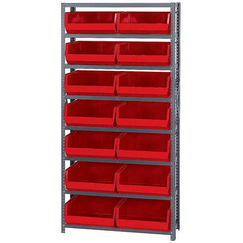 Quantum Storage Systems QSBU-250 RD - Stack & Hang Series Giant Open Hopper Steel Shelving w/14 Bins - 12" x 36" x 75" - Red