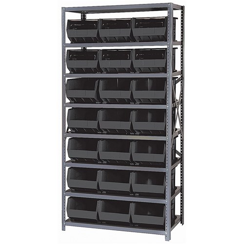 Quantum Storage Systems QSBU-255 BK - Stack & Hang Series Giant Open Hopper Steel Shelving w/21 Bins - 18" x 36" x 75" - Black