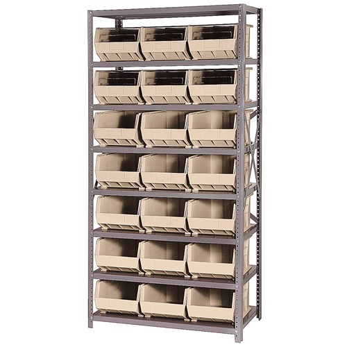 Quantum Storage Systems QSBU-255 IV - Stack & Hang Series Giant Open Hopper Steel Shelving w/21 Bins - 18" x 36" x 75" - Ivory