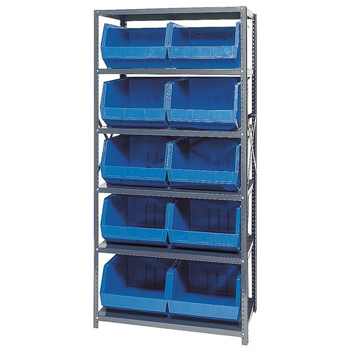 Quantum Storage Systems QSBU-270 BL - Stack & Hang Series Giant Open Hopper Steel Shelving w/10 Bins - 18" x 36" x 75" - Blue