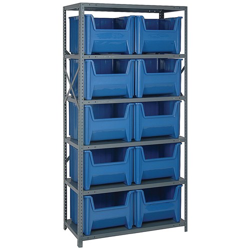 Quantum Storage Systems QSBU-800 BL - Giant Hopper Bin Steel Shelving w/10 Bins - 18" x 36" x 75" - Blue