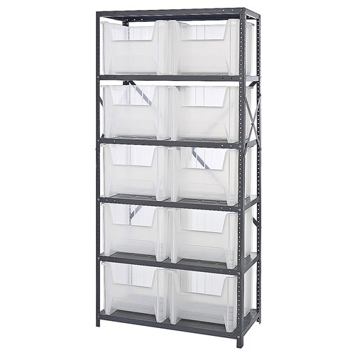 Quantum Storage Systems QSBU-800CL - Clear-View Series Giant Hopper Bin Steel Shelving w/10 Bins - 18" x 36" x 75" - Clear