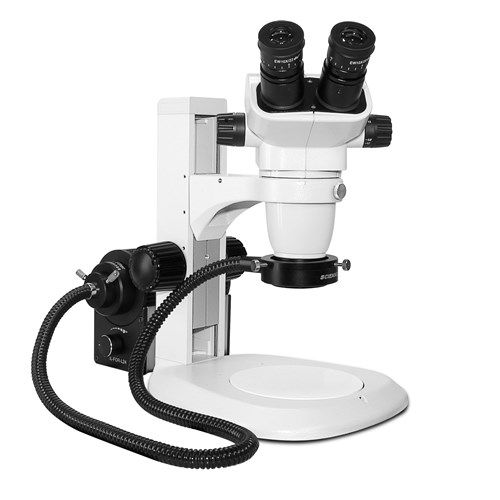 Scienscope SZ-PK2-AN - SSZ-II Series Stereo Zoom Binocular Microscope on Track Stand w/Fiber Optic Annular Ring Light