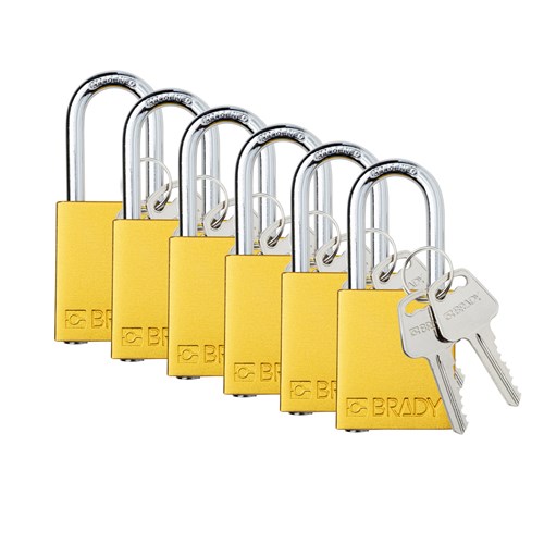 Brady SDAL-YLW-38ST-KA6 (153748) Safety Lockout Padlock - Aluminum - 1.5" - Steel Shackle - Yellow Keyed Alike - 6/PK