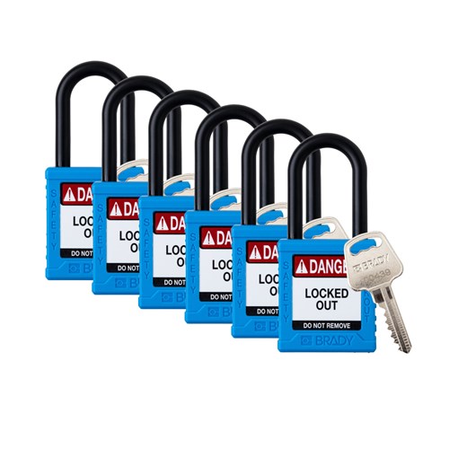 Brady SDPL-BLU-38PL-KA6 (153567) Safety Lockout Padlock - Plastic - 1.5" - Nylon Shackle - Blue Keyed Alike - 6/PK