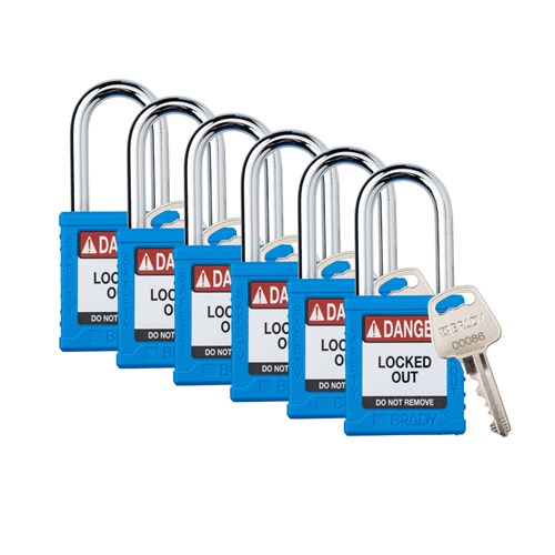 Brady SDPL-BLU-38ST-KA6 (153464) Safety Lockout Padlock - Plastic - 1.5" - Steel Shackle - Blue Keyed Alike - 6/PK