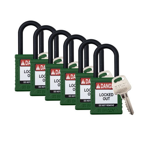 Brady SDPL-GRN-38PL-KA6 (153568) Safety Lockout Padlock - Plastic - 1.5" - Nylon Shackle - Green Keyed Alike - 6/PK