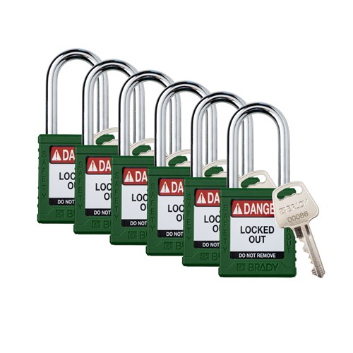 Brady SDPL-GRN-38ST-KA6 (153465) Safety Lockout Padlock - Plastic - 1.5" - Steel Shackle - Green Keyed Alike - 6/PK