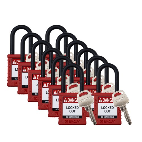 Brady SDPL-RED-38PL-KA12 (153571) Safety Lockout Padlock - Plastic - 1.5" - Nylon Shackle - Red Keyed Alike - 12/PK