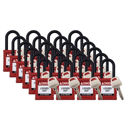 Brady SDPL-RED-38PL-KD24 (153572) Safety Lockout Padlock - Plastic - 1.5" - Nylon Shackle - Red Keyed Different - 24/PK