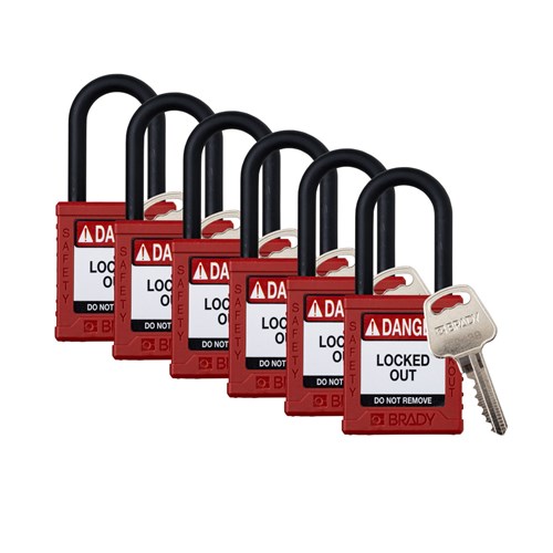 Brady SDPL-RED-38PL-KD6 (153560) Safety Lockout Padlock - Plastic - 1.5" - Nylon Shackle - Red Keyed Different - 6/PK