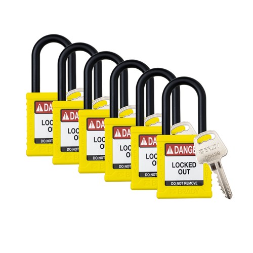 Brady SDPL-YLW-38PL-KD6 (153561) Safety Lockout Padlock - Plastic - 1.5" - Nylon Shackle - Yellow Keyed Different - 6/PK