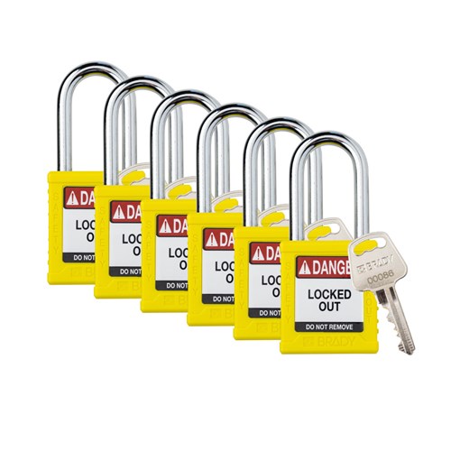 Brady SDPL-YLW-38ST-KA6 (153463) Safety Lockout Padlock - Plastic - 1.5" - Steel Shackle - Yellow Keyed Alike - 6/PK