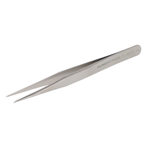 Lindstrom SM116-SA Stainless Steel SMD Tweezers - Anti-Acid Anti-Magnetic Body for Grooved - Straight - Vertical Positioning of Cylindrical Devices - 4.53" (115 mm)