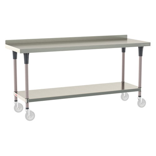 InterMetro Industries TWM2472FS-304B-K TableWorx Mobile-Ready 24" x 72 " - 304 Surface with Backsplash - Stainless Steel Under Shelf - Metroseal Gray Epoxy Coated Legs and Polymer Leg Mounts