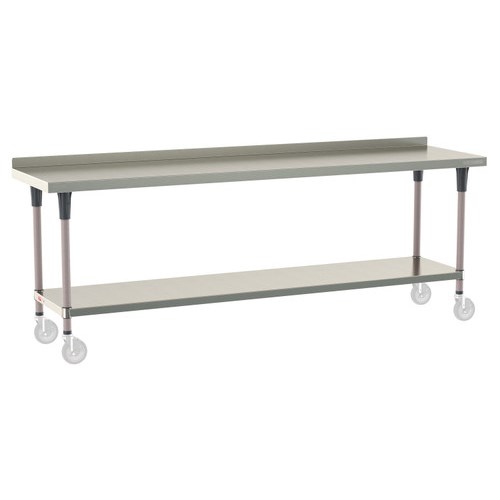 InterMetro Industries TWM2496FS-304B-K TableWorx Mobile-Ready 24" x 96 " - 304 Surface with Backsplash - Stainless Steel Under Shelf - Metroseal Gray Epoxy Coated Legs and Polymer Leg Mounts