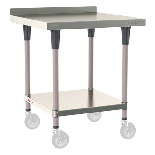 InterMetro Industries TWM3030FS-304B-K TableWorx Mobile-Ready 30" x 30 " - 304 Surface with Backsplash - Stainless Steel Under Shelf - Metroseal Gray Epoxy Coated Legs and Polymer Leg Mounts