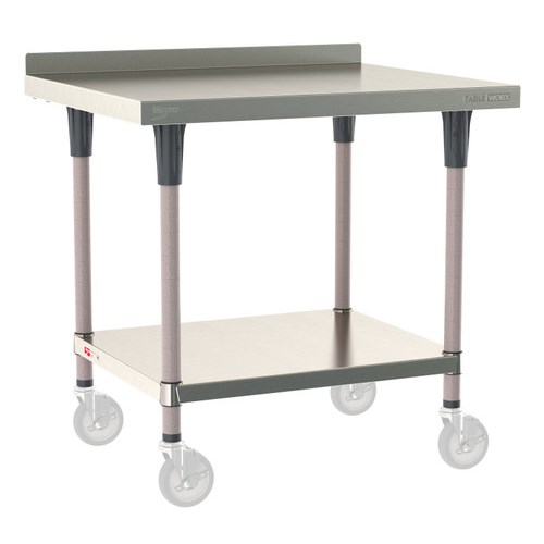 InterMetro Industries TWM3036FS-304B-K TableWorx Mobile-Ready 30" x 36 " - 304 Surface with Backsplash - Stainless Steel Under Shelf - Metroseal Gray Epoxy Coated Legs and Polymer Leg Mounts