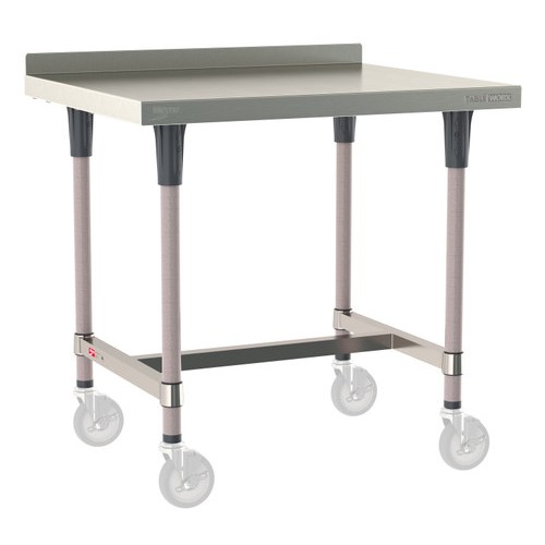 InterMetro Industries TWM3036SI-304B-K TableWorx Mobile-Ready 30" x 36 " - 304 Surface with Backsplash - Stainless Steel I-Frame - Metroseal Gray Epoxy Coated Legs and Polymer Leg Mounts