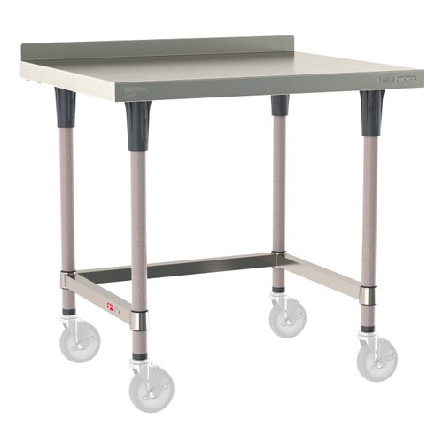 InterMetro Industries TWM3036SU-304B-K TableWorx Mobile-Ready 30" x 36 " - 304 Surface with Backsplash - Stainless Steel 3-Sided Frame - Metroseal Gray Epoxy Coated Legs and Polymer Leg Mounts