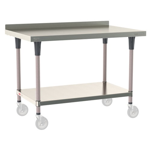 InterMetro Industries TWM3048FS-304B-K TableWorx Mobile-Ready 30" x 48 " - 304 Surface with Backsplash - Stainless Steel Under Shelf - Metroseal Gray Epoxy Coated Legs and Polymer Leg Mounts