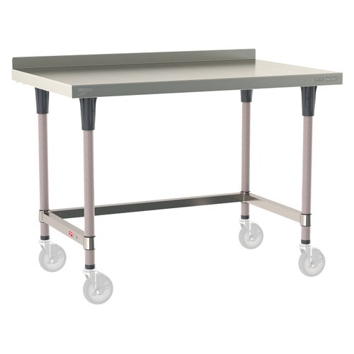 InterMetro Industries TWM3048SU-304B-K TableWorx Mobile-Ready 30" x 48 " - 304 Surface with Backsplash - Stainless Steel 3-Sided Frame - Metroseal Gray Epoxy Coated Legs and Polymer Leg Mounts