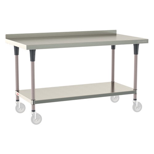 InterMetro Industries TWM3060FS-304B-K TableWorx Mobile-Ready 30" x 60 " - 304 Surface with Backsplash - Stainless Steel Under Shelf - Metroseal Gray Epoxy Coated Legs and Polymer Leg Mounts