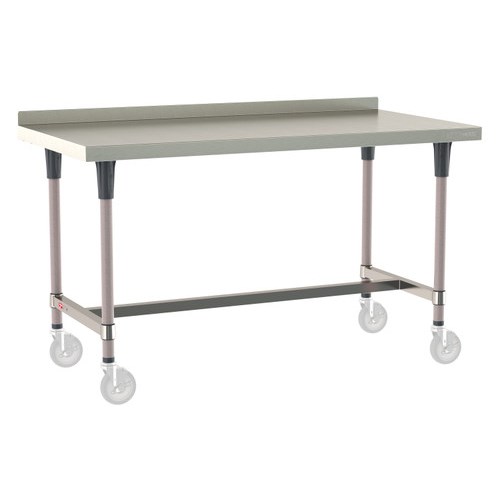 InterMetro Industries TWM3060SI-304B-K TableWorx Mobile-Ready 30" x 60 " - 304 Surface with Backsplash - Stainless Steel I-Frame - Metroseal Gray Epoxy Coated Legs and Polymer Leg Mounts